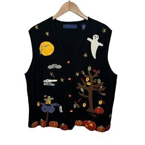 VTG Karen Scott Sweater Vest Hand Embroidered Black Halloween Fall Pumpkin XL